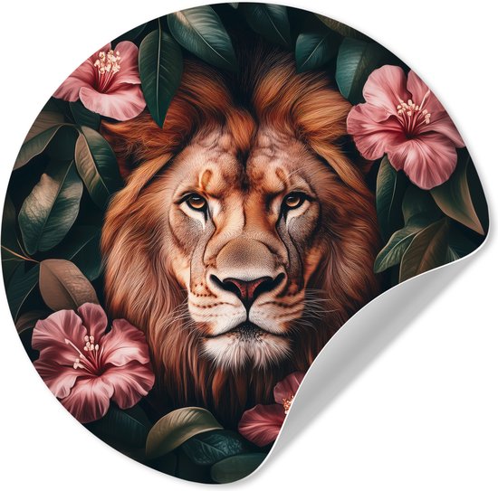 WallCircle® - Behangcirkel 100x100 cm - Muurstickers Leeuw - Roze bloemen - Bladeren - Botanisch - Muurcirkel woonkamer - Wandcirkel slaapkamer - Kamer decoratie zelfklevend - Muurdecoratie accessoires XXL