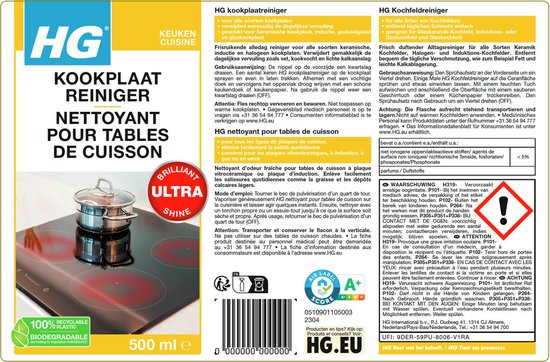 HG kookplaatreiniger Nettoyant pour tables de cuisson. Brillant Ultra Shine. 500 ml. 100% recyclebaar plastic.