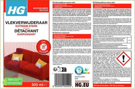 Verpakking van HG vlekverwijderaar extra sterk, 500 ml, voor woonkamer en bekleding.