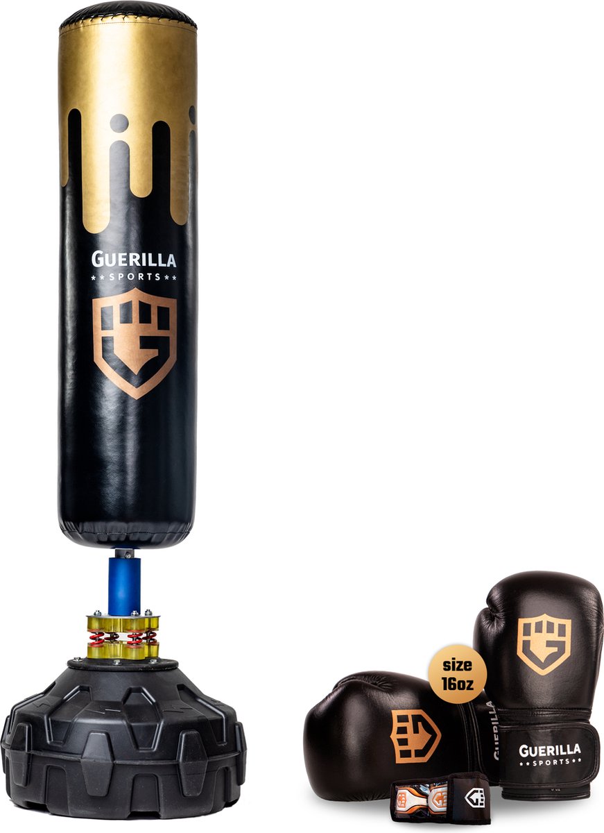 Guerilla Sports – Staande Bokszak "PRO" - Kickboks zak met stevige voet in hoogwaardige kwaliteit met professionele bokshandschoenen (16oz) en originele zwachtels – Volwassenen - Bokspaal - Bokszakken - Boksballen