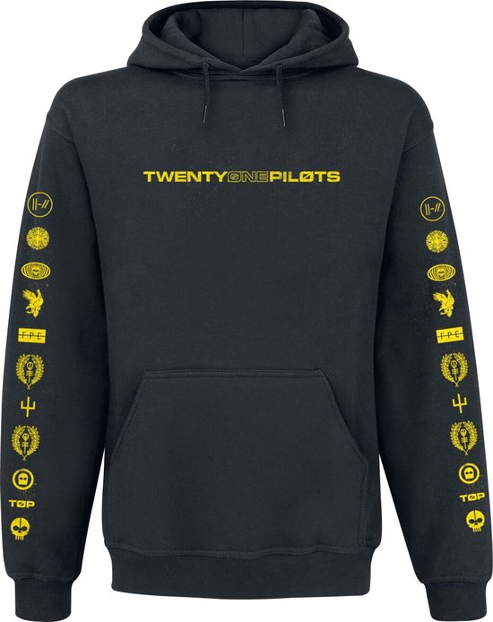 Zwarte Twenty One Pilots hoodie met geel logo op de borst en verticale iconen op beide mouwen.