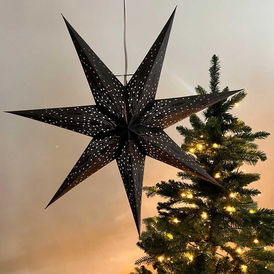 Kerstster papier met verlichting - 60 cm diameter, 24 cm diep - Kerst ster voor binnen - Nova Zwart/Zwarte Glitter - FSC papier - Incl. 3 m. snoer met stekker, schakelaar en E14-fitting - Kerst Raam decoratie - Kerstversiering - Kerstverlichting