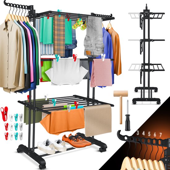 KESSER® Tour Wasrek à roulettes - Tour de séchage Pliable - Debout Étendoir pour intérieur & extérieur 4 niveaux 2 ailes latérales rotatives et 6 niveaux rabattables -