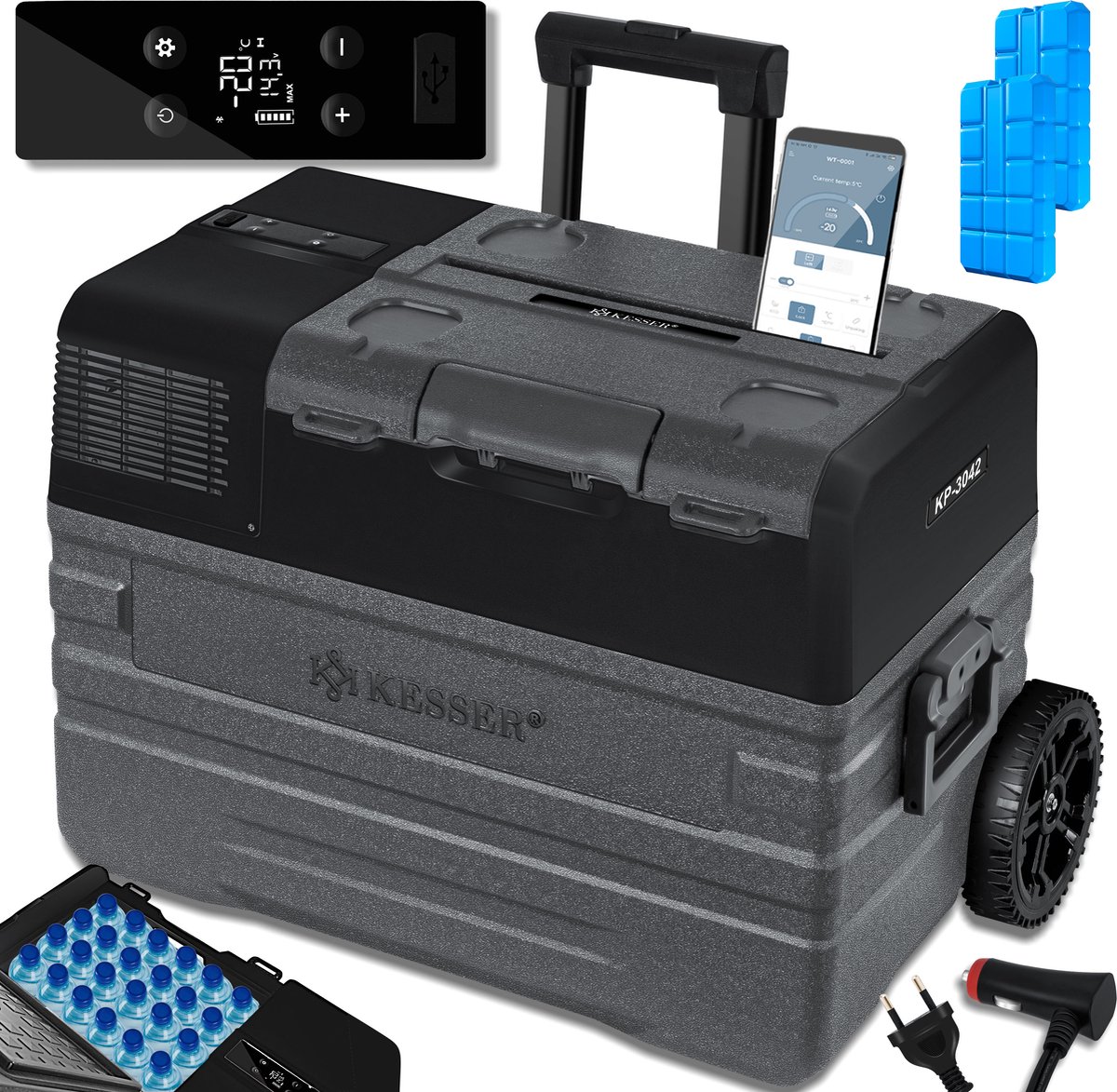 KESSER® Compressor Koelbox Elektrische Frigobox, met APP-bediening USB-aansluiting 12/24 V 230V, +Telescopische stangwielen tot -20 °C - 42L, 52L, Koelbox voor auto, vrachtwagen, boot, camper, camping - 42 Liter Antraciet / Zwart