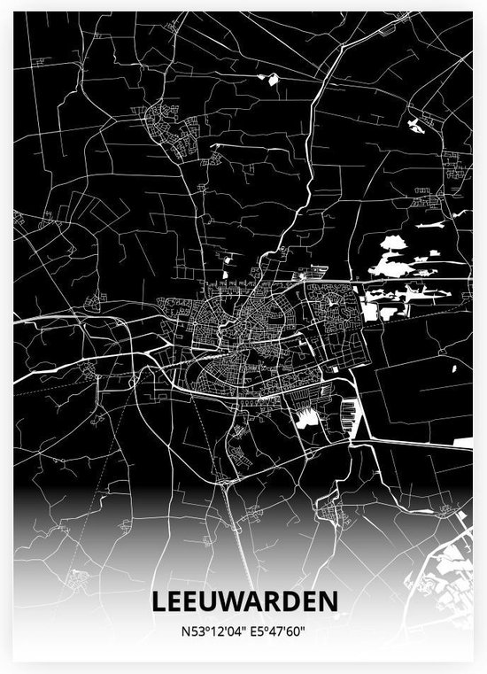 Leeuwarden plattegrond - A4 poster - Zwarte stijl