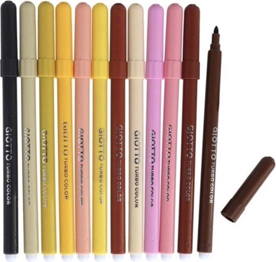 Set van 12 Giotto Turbo Color stiften in huidtinten, van donkerbruin tot lichtgeel, naast elkaar op een witte achtergrond.
