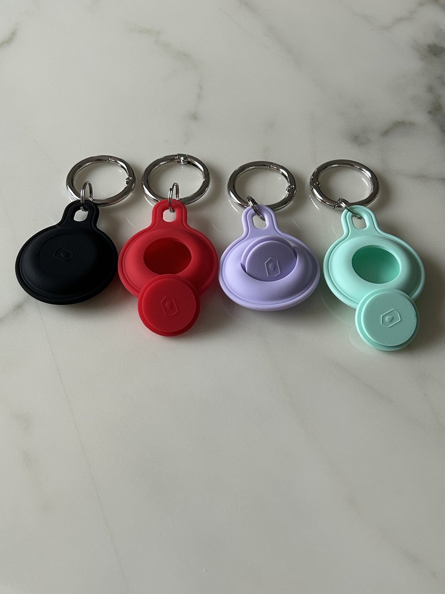 4 Stuks Tracker Spatwaterdichte TPU/Siliconen sleutelhangers beschermhoesjes - Hoesje Geschikt voor Apple AirTag - 4 stuks - Zwart/Rood/Lila/Mintgroen
