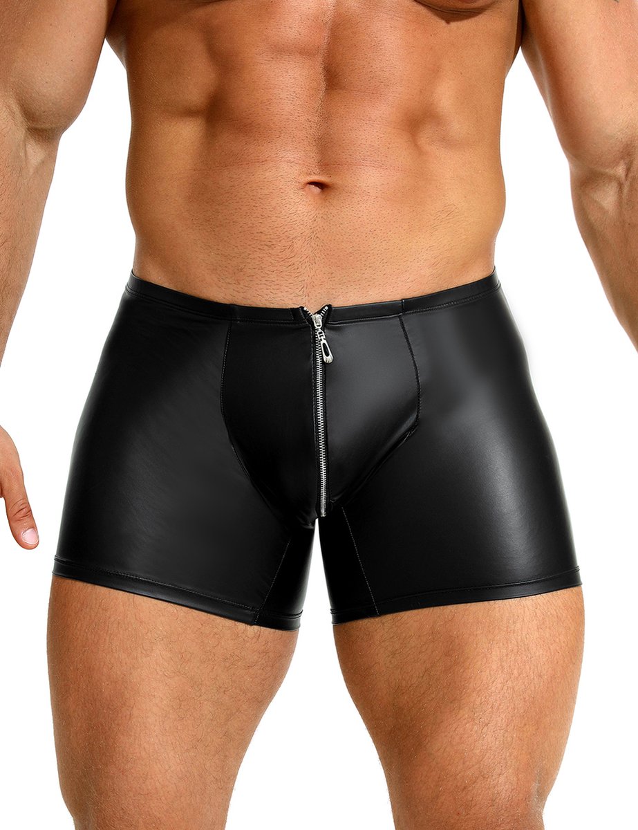 Goedkoopste Zwarte heren boxershorts met rits - maat M/L - black sexy PU leather men boxers with zipper underwear -BDSM -mannen boxer clubwear heren ondergoed erotiek