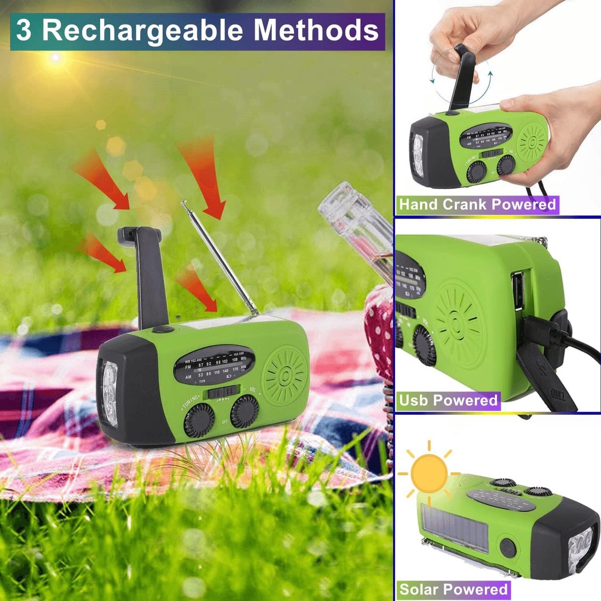 Zwengelradio, 2000mAh Zonne-Radio Oplaadbare Powerbank USB AM/FM-radio met SOS-alarm, 3-weg Opladen Nood Radio's met Zaklamp, Indoor Outdoor Camping Kleine Zakradio