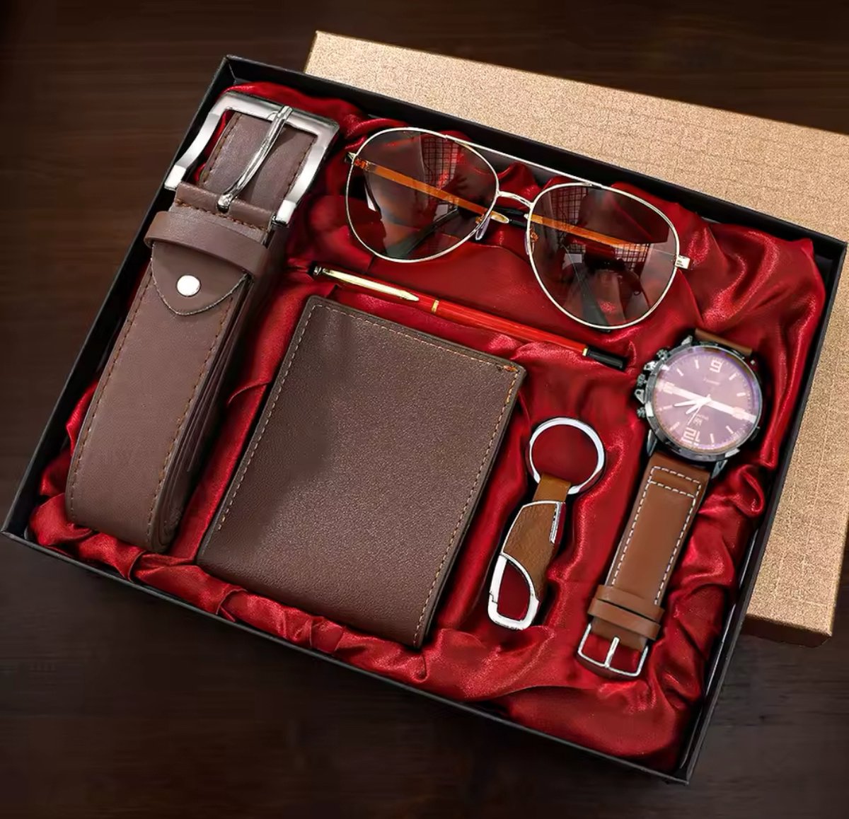 TDO® Luxe Cadeauset voor Heren | Horloge, Portemonnee, Riem, Zonnebril, Sleutelhanger Pen | Stijlvolle Geschenkdoos