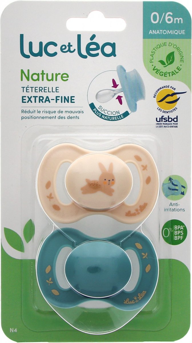 Luc et Léa Nature 2 Anatomische Fopspenen Extra-Fijn Speen 0-6 Maanden (Modellen : Konijn Beige en Blauw)