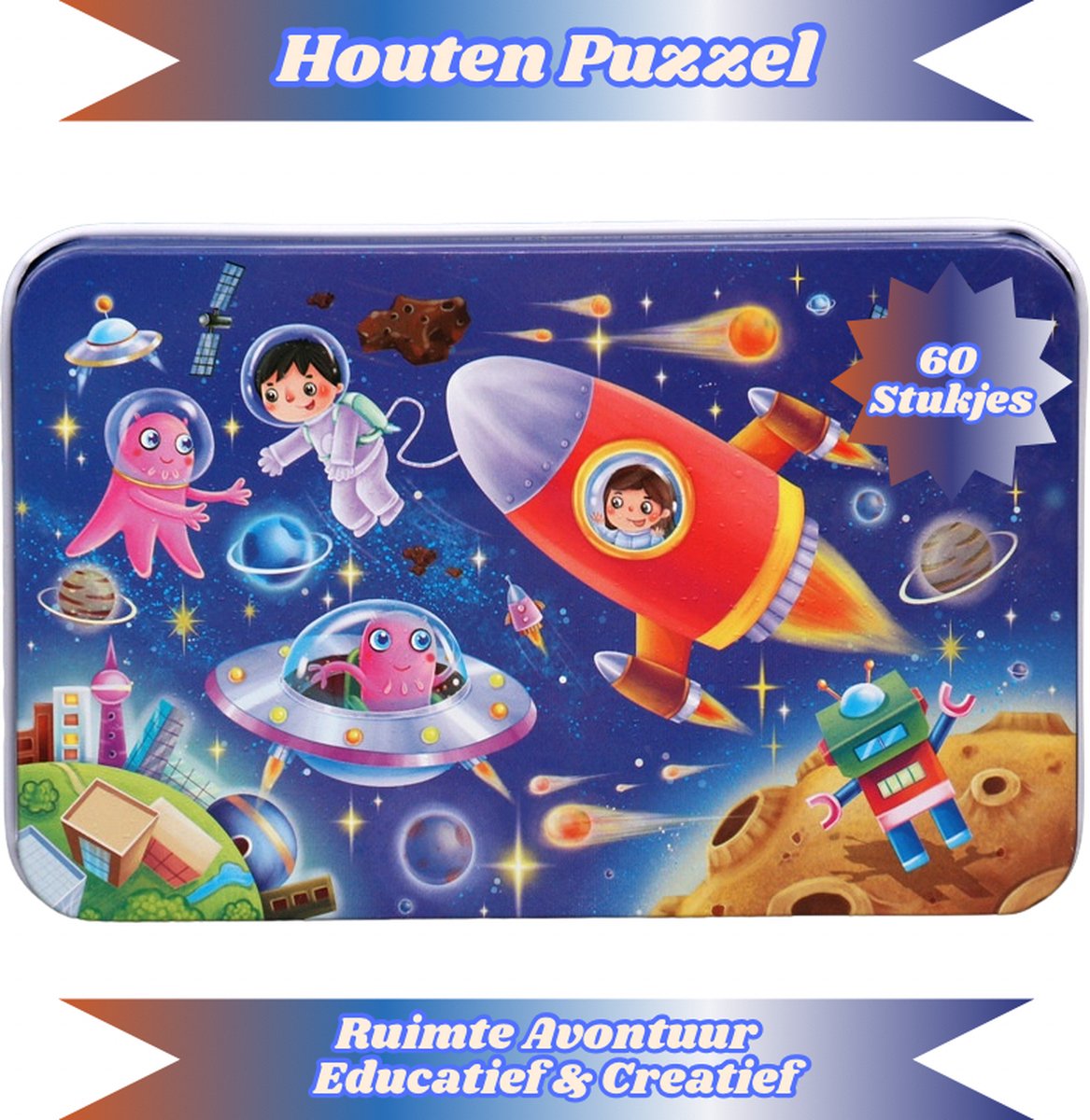 Leerkracht Houten Puzzel - Tweezijdig - Metalen Opbergdoos - Ruimte Avontuur - 60 Stukjes - Educatief - Speelgoed
