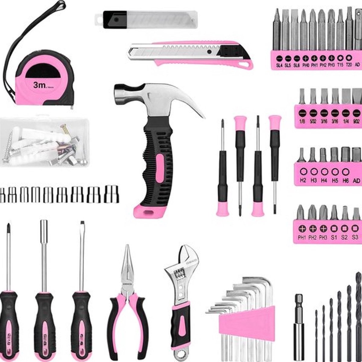 Gereedschapskoffer - 126-delig - Gevuld - Gereedschap - Gereedschapsset - Sleutelloze boorkop - met 8V snoerloze boormachine - DIY handgereedschapssets - Roze — cadeau in Tuin & Klussen - foto 5