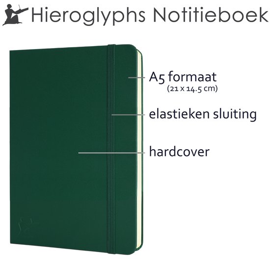 Donkergroene, harde kaft A5 notitieboek met elastische sluiting. "Hieroglyphs Notitieboek".