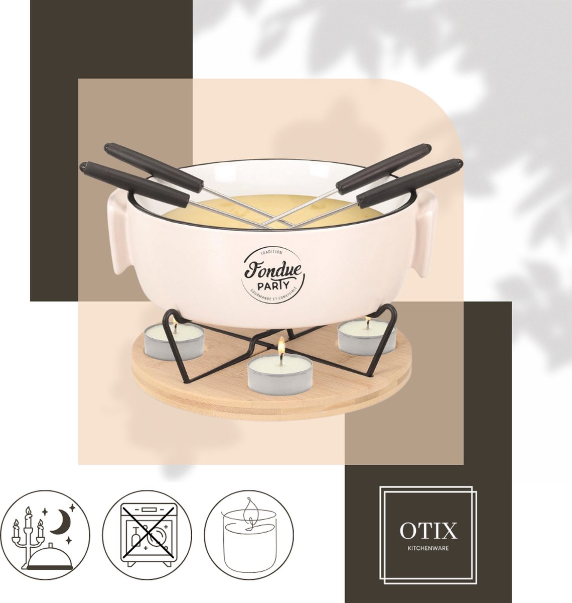 OTIX Kaasfondue set - fonduepannen met brander - 4 personen - Fondueset - met vorkjes - Chocolade - Fondue – foto 4