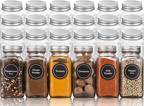 Toivo Kitchen Kruidenpotjes - 24 Stuks - Vierkant Met Strooideksel - Glas - Kruidenstrooier - Strooibus - Strooier