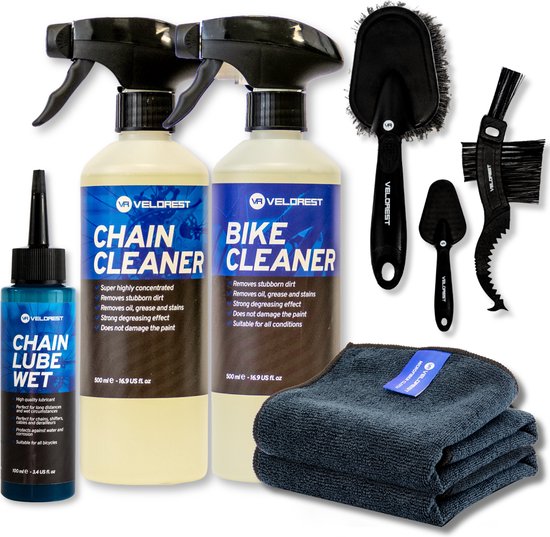 Velorest Total Bike Bundle - Fiets Schoonmaak Set - Fiets Onderhoud - Fietsketting Reiniger Set - Kettingreiniger fiets - Ontvetter Fiets - Bike Cleaner - Chain Cleaner - Chain Lube - Ketting Wax - Inclusief Borstels en Microvezeldoeken