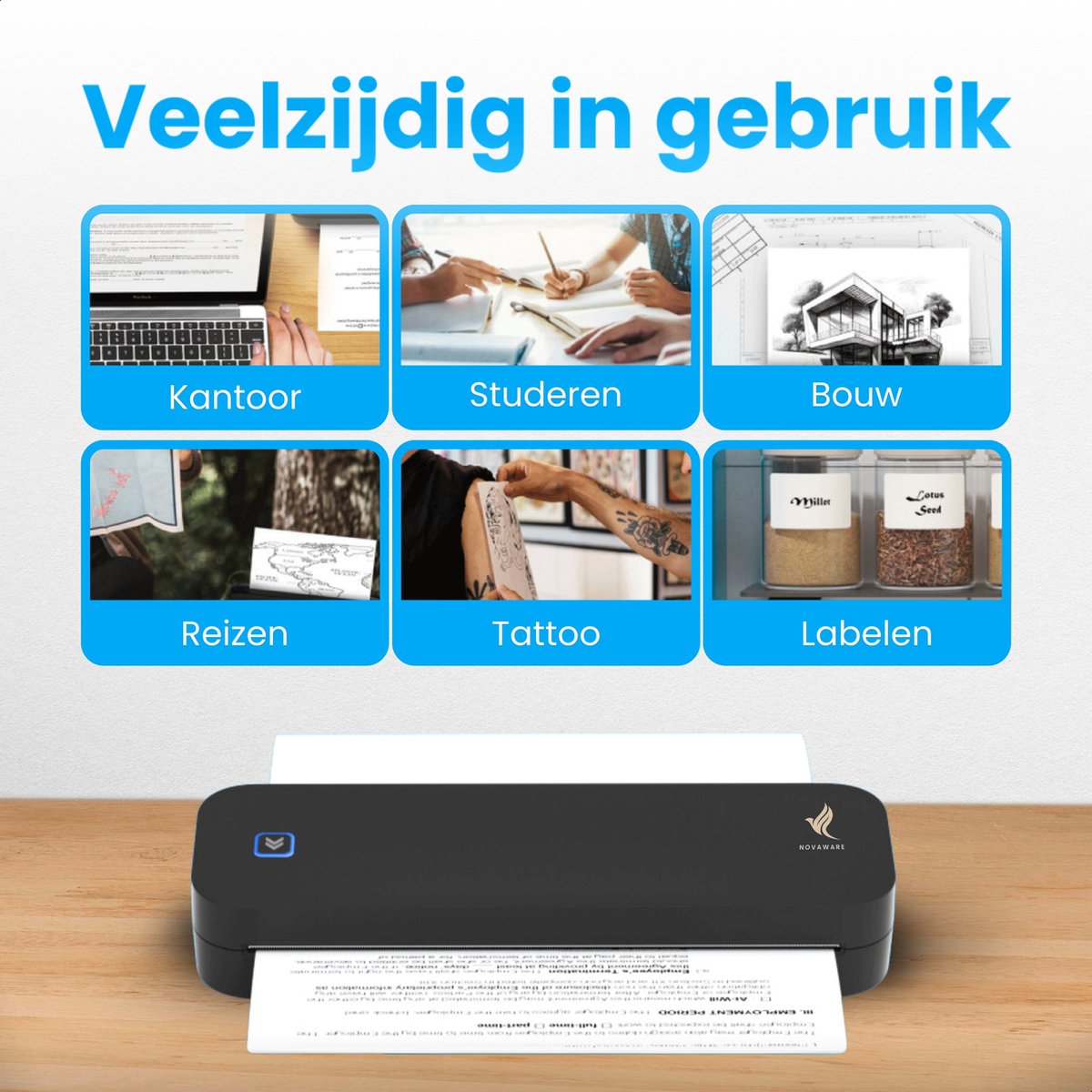 NovaWare® Thermische Printer A4 - Sticker Printer - Pocket Printer - Mini Printer voor Mobiel / Laptop / tablet - Verzendlabel - Barcode - Tattoo - Portable Printer - Shipping Label - Zwart — afbeelding 3