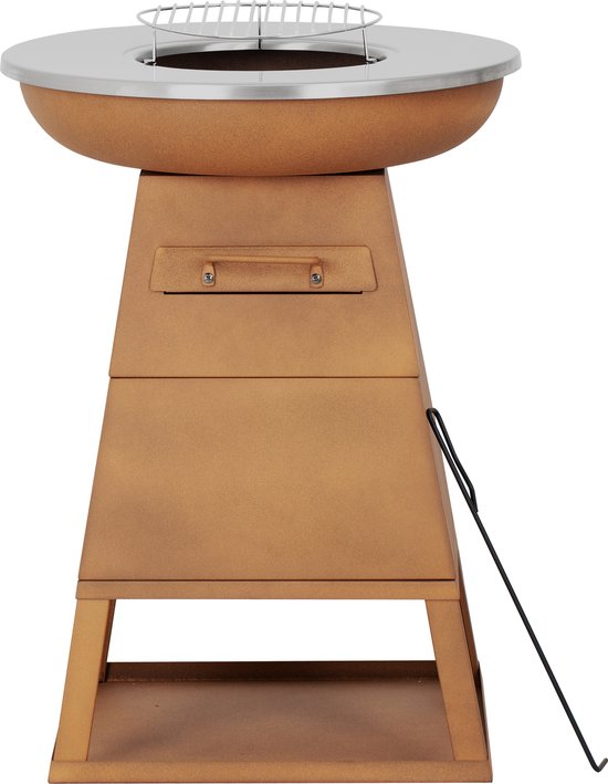 Bali OUTDOORS 3-in-1 Grillring BBQ en Plancha Grill en Vuurkorf– Staand Vuurschaal BBQ met Brandhout Opslagplaats - RVS ronde Teppanyaki Bakplaat - Houtskoolbarbecue – Buitenkeuken – Metaal – Roestbruin – Ø 58.5x H83cm