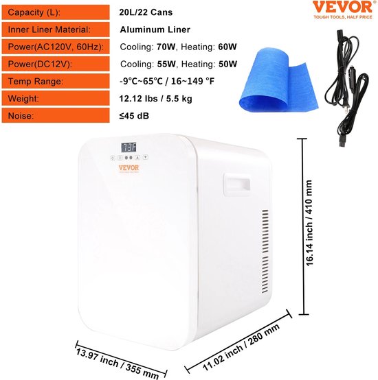 Vihes Mini koelkast - Vriescombinatie - Draagbaar - Touchscreen - Koeler - Koelbox - Voedsel - Drank - Camping - Home - Auto Gebruik - 20 Liter — afbeelding 2