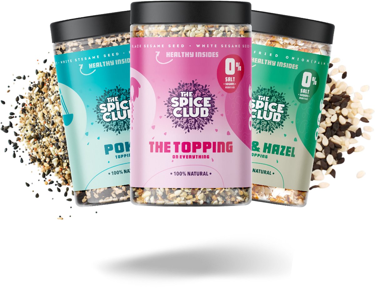 Goedkoopste The Spice Club - Crunchy Toppings - Set van 3 200 Gram - Everything Bagel Seasoning - Poke Bowl - Kokos & Hazelnoot - Kruidenpotjes - Met deksel - 100 Pure Kruiden - 0 Zout - inclusief Recepten