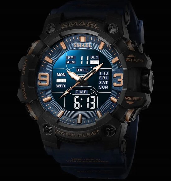 Smael sporthorloge met blauwe band en koperkleurige accenten. Blauwe wijzerplaat met digitale en analoge tijdweergave.