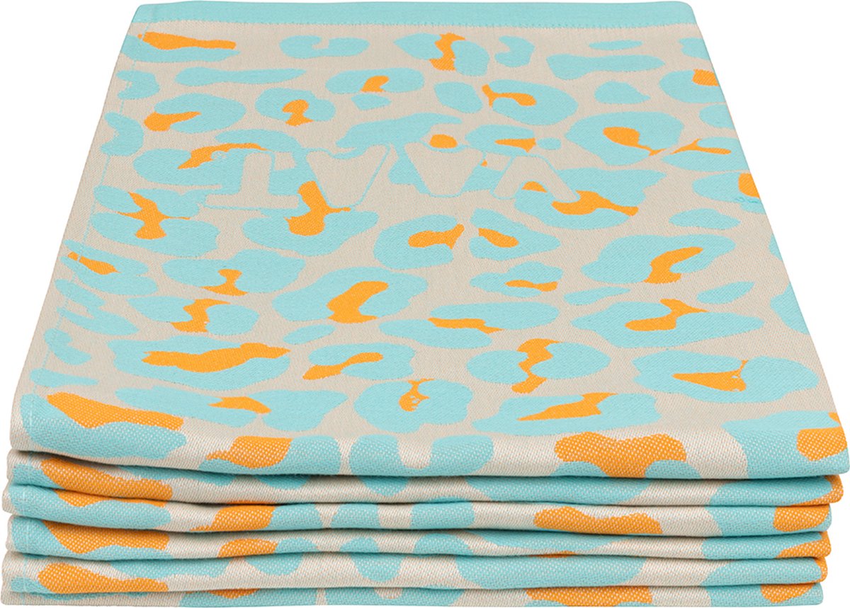 Set theedoeken I love leopard - Tiffany turquoise / Hermès oranje - 50 x 70 cm (6 stuks)