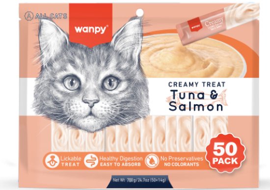 Wanpy Creamy Treat Tuna & Salmon kattensnack verpakking, met afbeelding van een kat en 50 stuks.