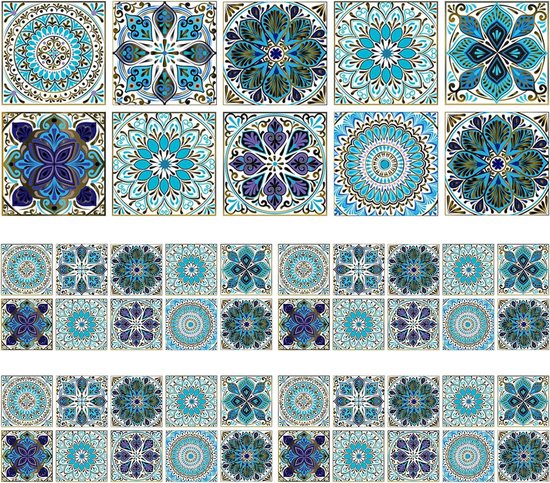 Tegelstickers in vintage-stijl, blauw, Marokkaanse muurstickers, zelfklevende tegelkunst, doe-het-zelf, keuken, badkamer, achterwand, vloer, woondecoratie, pvc, waterdicht, oliebestendig, 15,2 x 15,2