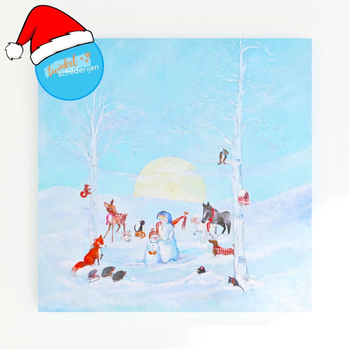 Twinkelschilderijen wanddecoratie kinderkamer kerst - Dieren in winterlandschap 30x30cm - Muurdecoratie sneeuwpop en pinguïns op canvas | Incl. GRATIS ophangsysteem |