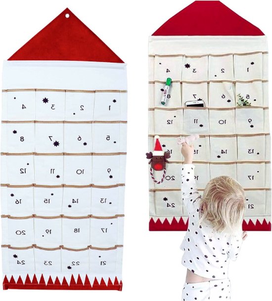 Adventskalender Voor Kerstmis 2024 Als Vilten Adventskalender - Aftellen Naar Kerstkalender - Borduur Nummers - Foto-Adventskalender Met 24 Kleine Vakken Voor Thuis - Afteldecoratie - Rood