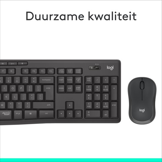 Zwart Logitech toetsenbord en muis, op een witte achtergrond, met de tekst 'Duurzame kwaliteit'.