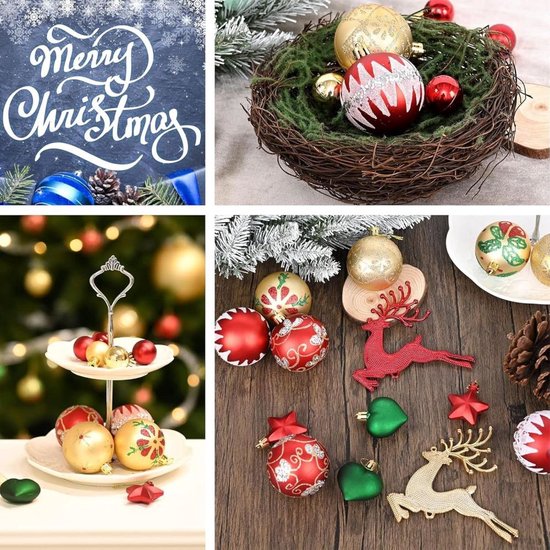 BRUBAKER 24 Delige Kerstboomdecoratie Goud - Kerstballen Set met Sneeuwpop, Ster en Suikerspin Hangers - Gedessineerde Kerstballen - Kerstballen Set - Glanzende Boomdecoratie