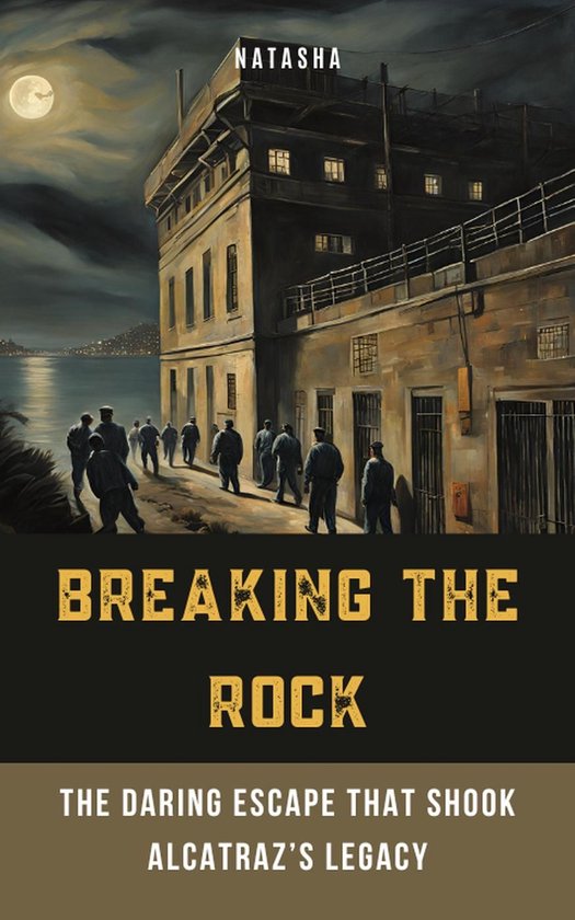 Boekcover met de titel 'BREAKING THE ROCK'. Een groep mannen loopt langs een groot gebouw aan het water onder een maan.