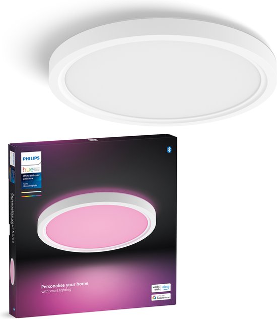 Philips Hue Tento plafondlamp in verpakking, met roze licht en een productafbeelding erboven.