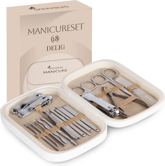 Skinnables Luxe Manicure Set - Pedicure set 18 delig - Nagelverzoring - Geschenkset Etui - Nagelknippers RVS