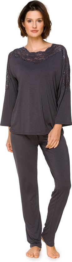 Pyjama Femme Jolie-Micromodal-Respirant & Confortable-Manches Longues & Pantalon Droit-Détails Dentelle- Grijs-Taille S