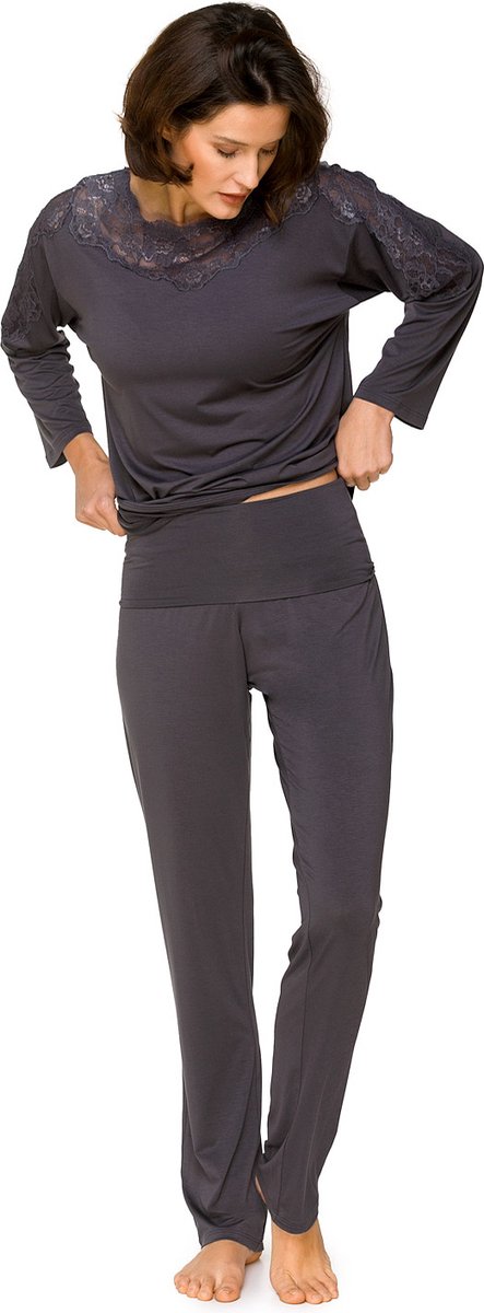 Dames Pyjama Jolie-Lange Mouwen & Rechte Broek-Kantdetails-Grijs-Maat S