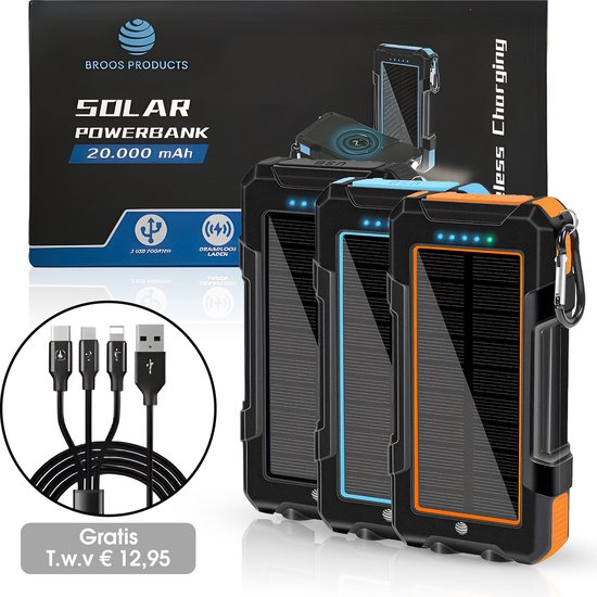 Solar Powerbank 20000 mAh - GRATIS 3 in 1 usb Oplaadkabel - Draadloos opladen - Noodpakket - Solar Charger - 3 poorten - Iphone & Samsung