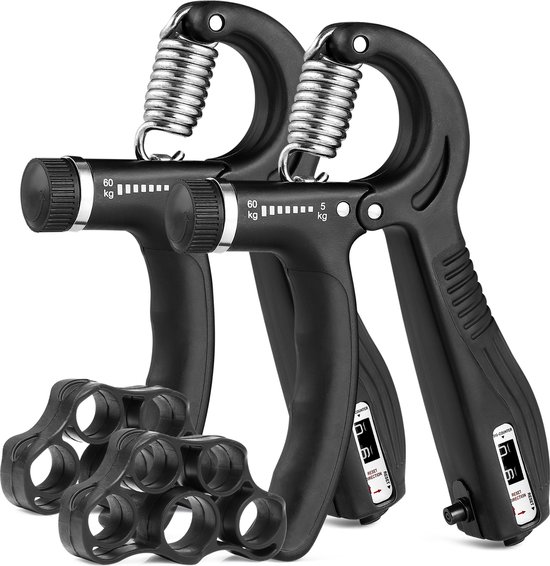 Handtrainers - Set van 2 met vingertrainers - Handknijper met teller - 5-60kg instelbaar - Antislip - Hanamura Active