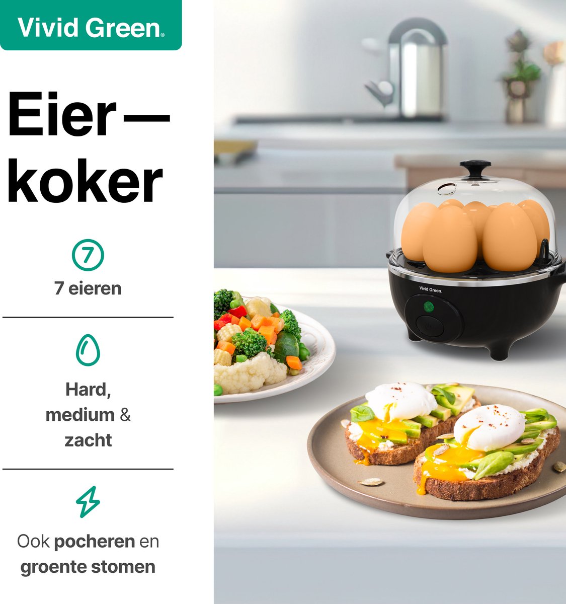 Multifunctionele Eierkoker voor 7 eieren - Kook, Pocheer en Stoom en Meer - Elektrisch - Vaatwasserbestendig - Zwart - Vivid Green — cadeau in Sieraden - foto 2