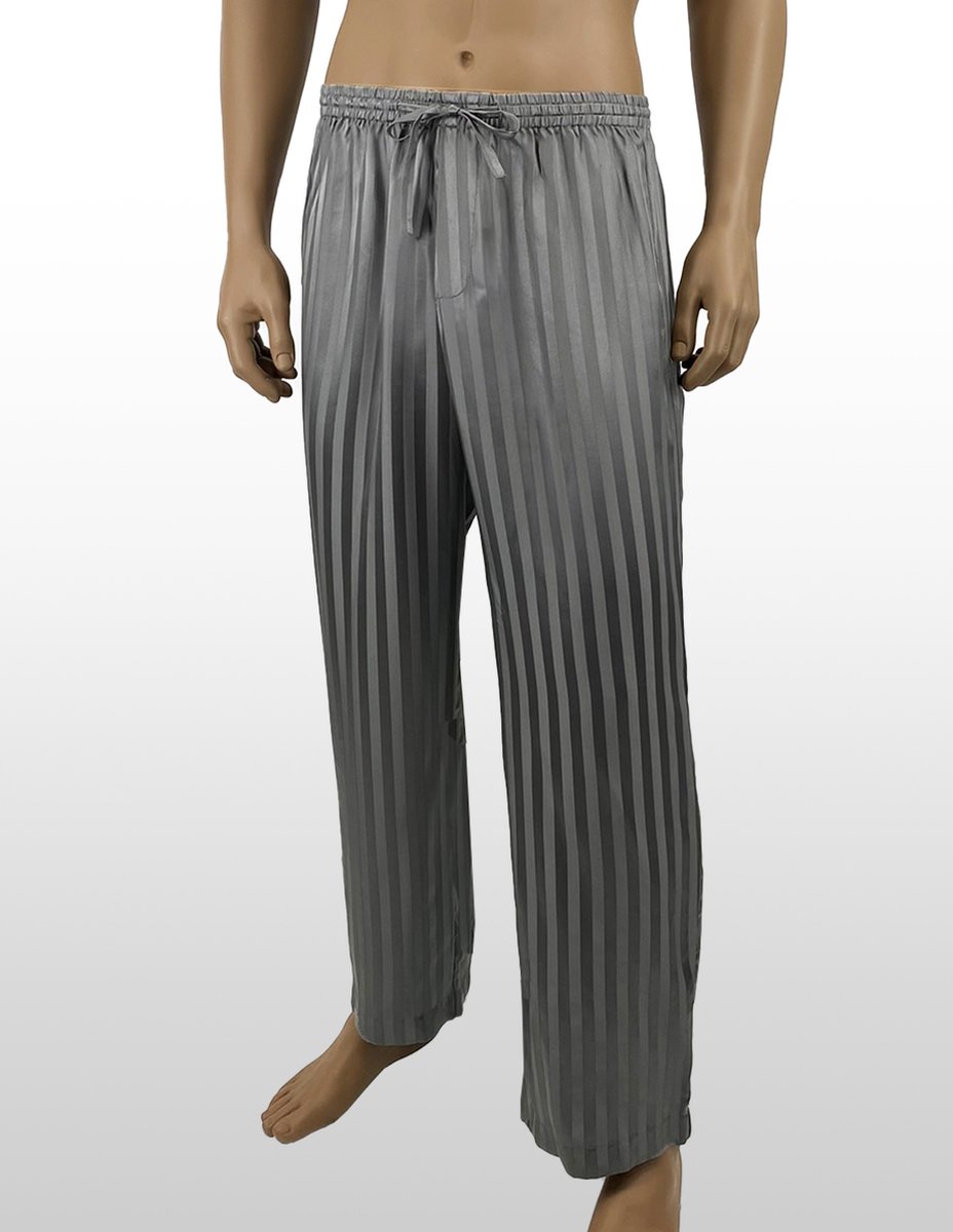 Zijden Loungebroek - 100% Zijde - Exclusief Jacquard Stripe Design -Kleur Steelgrey - Maat S