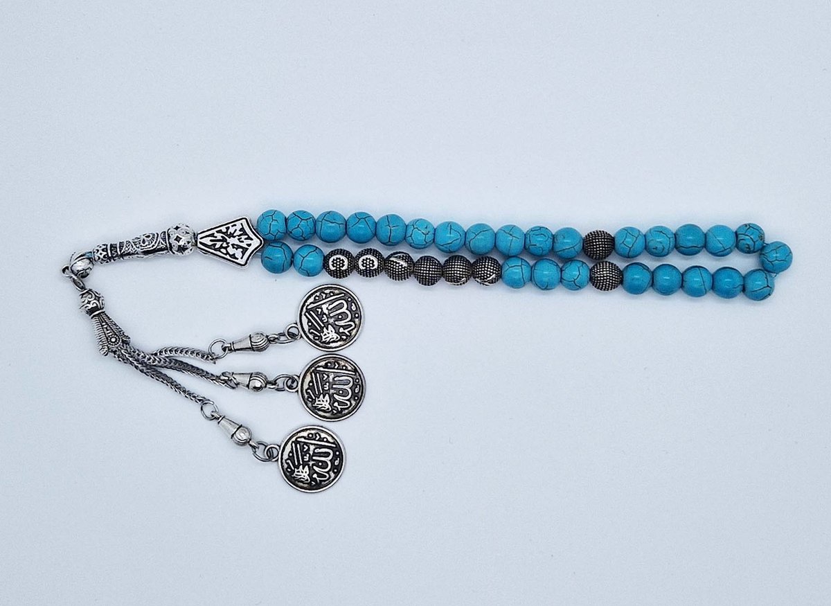 Handgemaakte naam tasbih 33 Kralen Natuursteen “ Turkoois” - met metaal tassel “Allah jala jalaluh"- Met je naam of de naam van uw geliefde- 8 mm diameter van de korrel