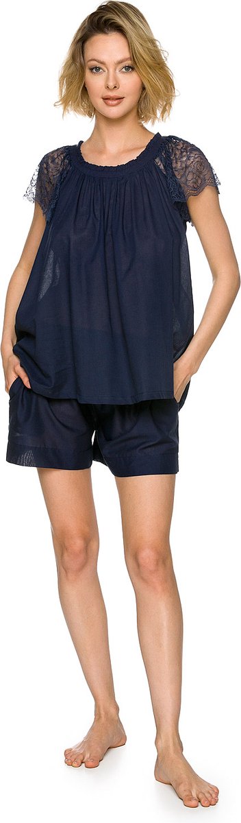 Dames Pyjamaset Fleur-Korte Mouw Top met Kant & Shorts-100% Katoen-Blauw-Maat M