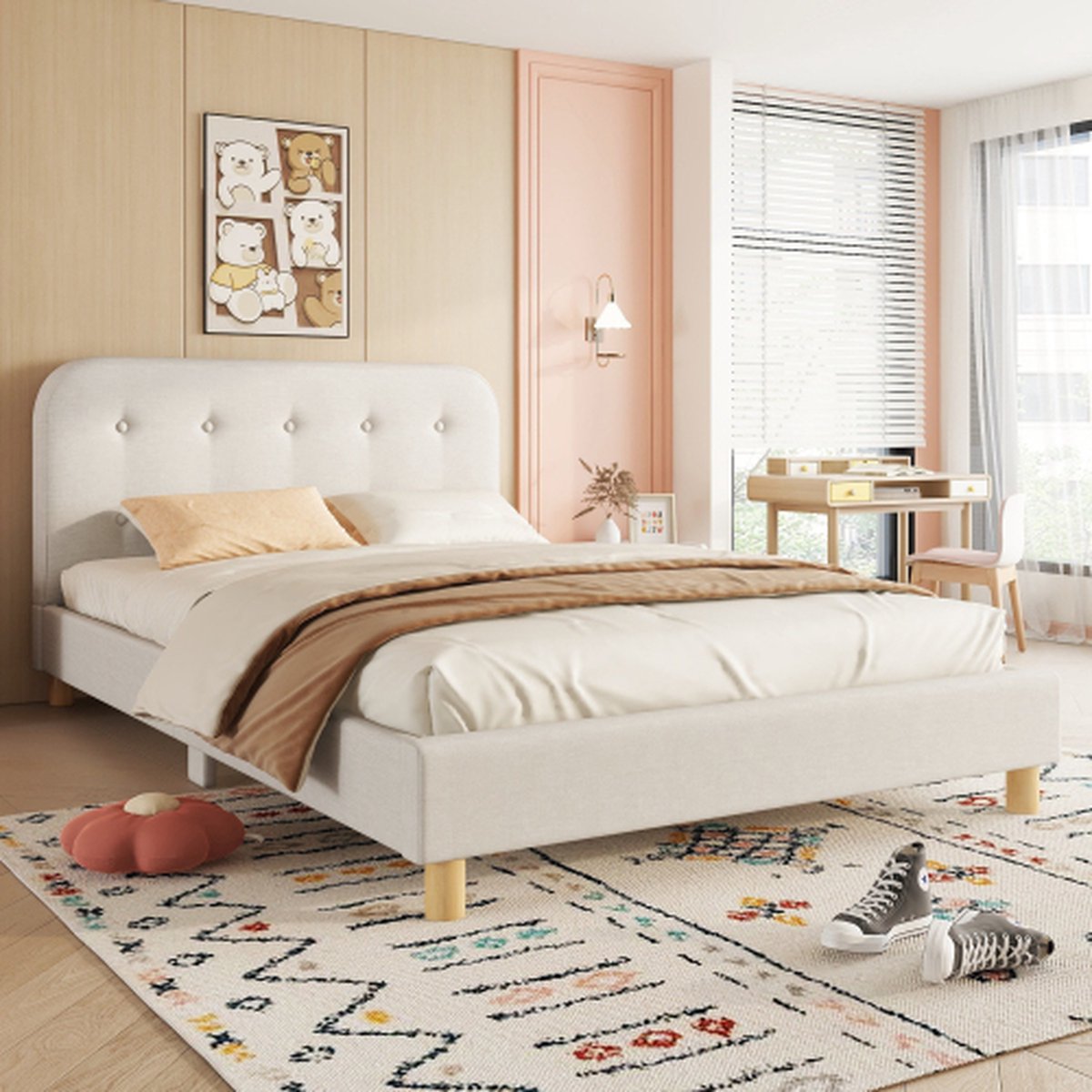 Gestoffeerd bed, 140 x 200cm gestoffeerd bed, tweepersoonsbed (zonder matras), linnen, minimalistische styling, beige