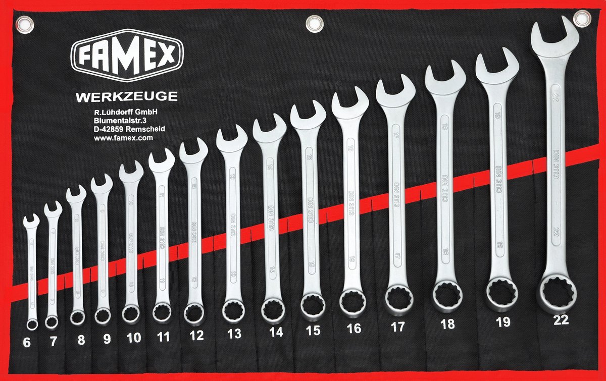 FAMEX 10349-15 Set van 15 combinatiesleutels in chroom vanadium staal, combinatiesleutelset