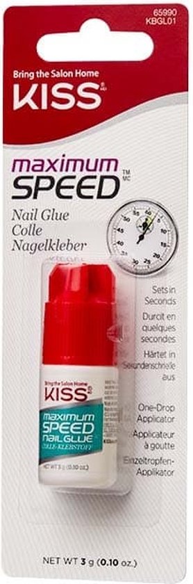 Verpakking van KISS Maximum Speed nagellijm, met de fles en een stopwatch-icoon. De tekst "Nail Glue" is zichtbaar.