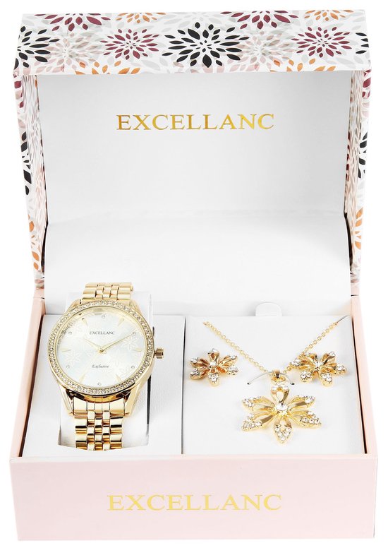 Excellanc dameshorloge geschenkset goudkleurig cadeauset horloge, ketting, oorbellen