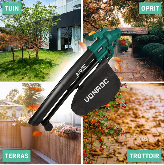 VONROC 3-in-1 bladblazer – 3300W – Blazen, Zuigen & Versnipperen – 270km/h – Incl. 40L opvangzak