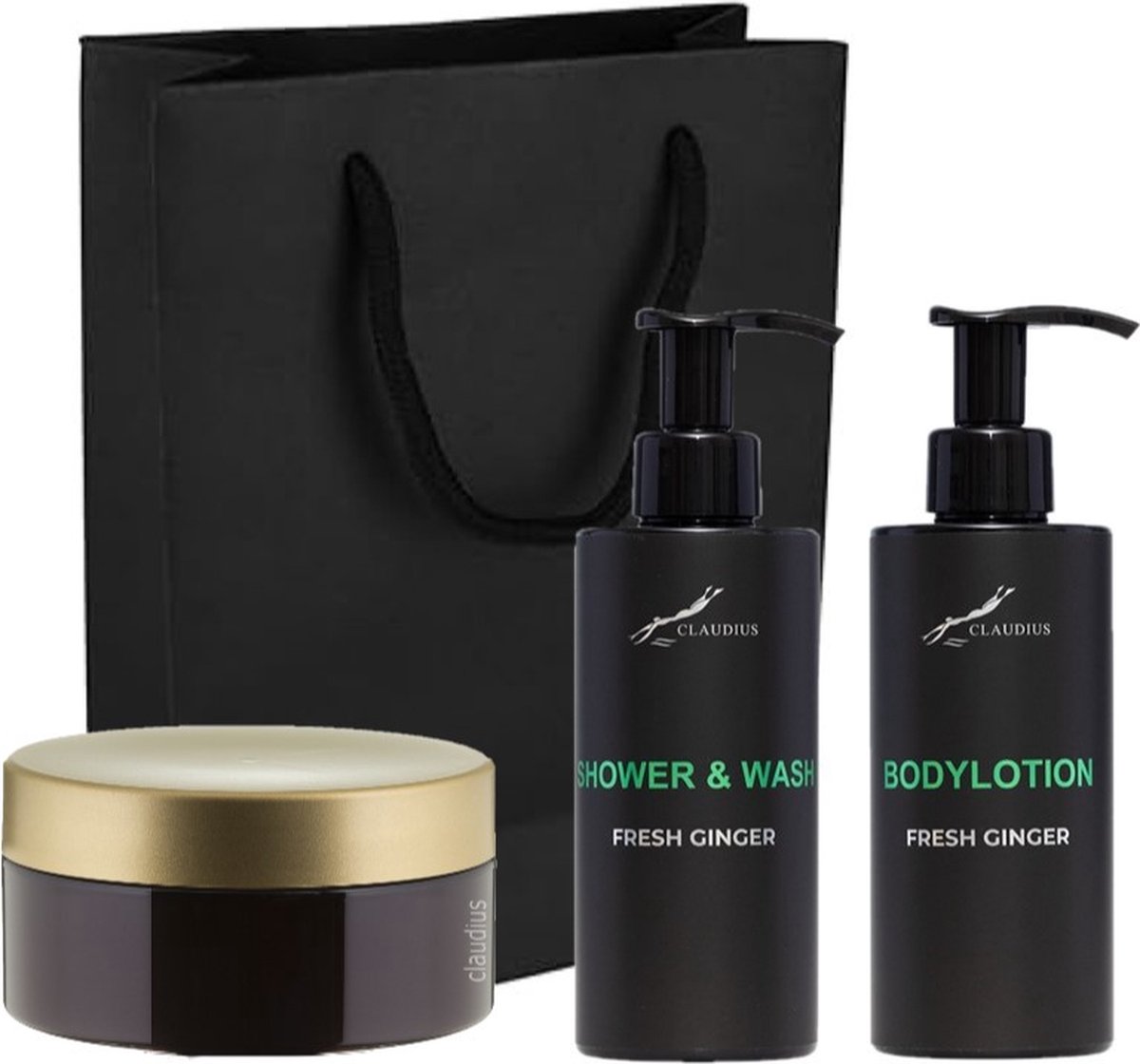 Goedkoopste Douchepakket Fresh Ginger - Shower & wash Bodylotion Scrubzout 300 gram - 300 ml per fles - set van 3 stuks - met luxe gift tas - kerst cadeau - giftset voor hem en haar